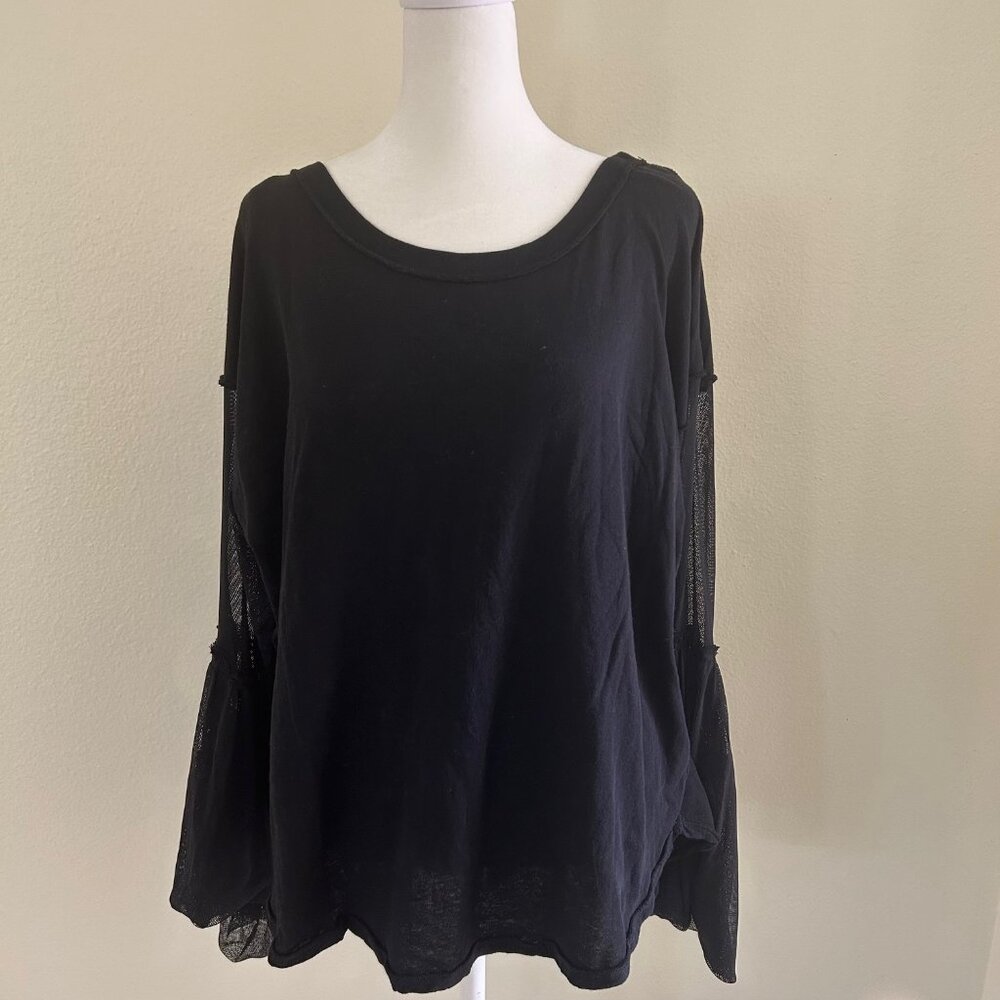 Free People Black Mesh Bell Sleeve Top Cotton Boho Long Sleeve Festival Romantic - Picture 2 of 10